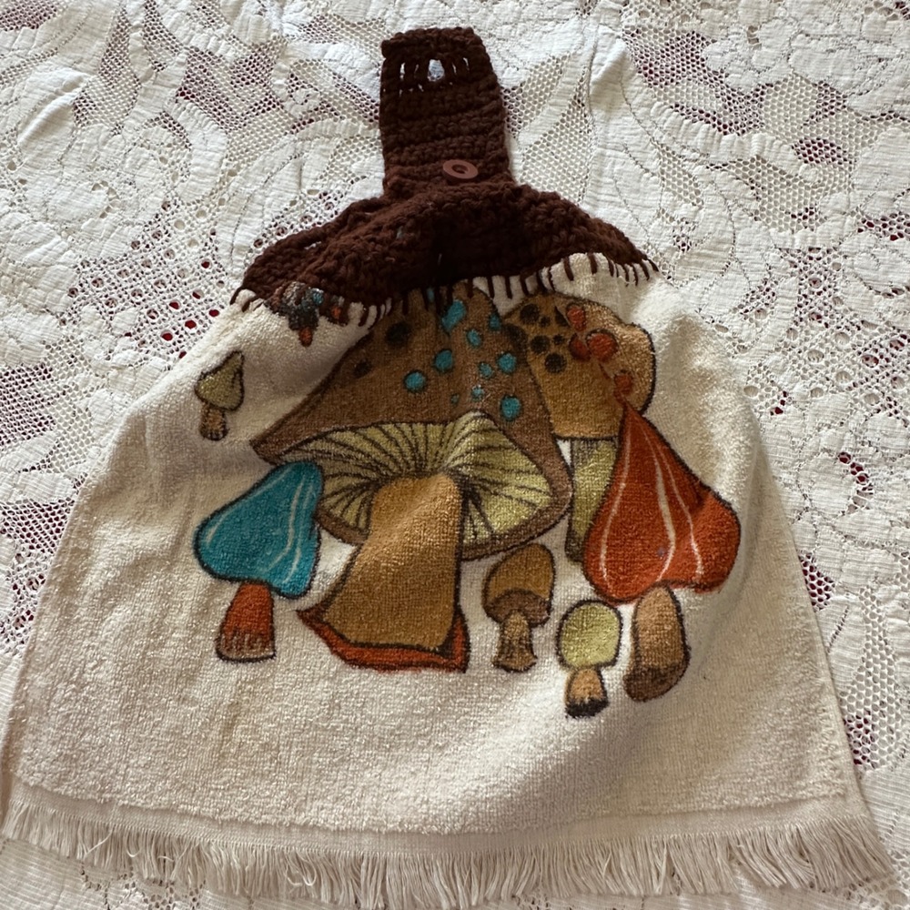Vintage Mushroom Hanging Kitchen Towel Crochet Top Brown Fringe Cottagecore